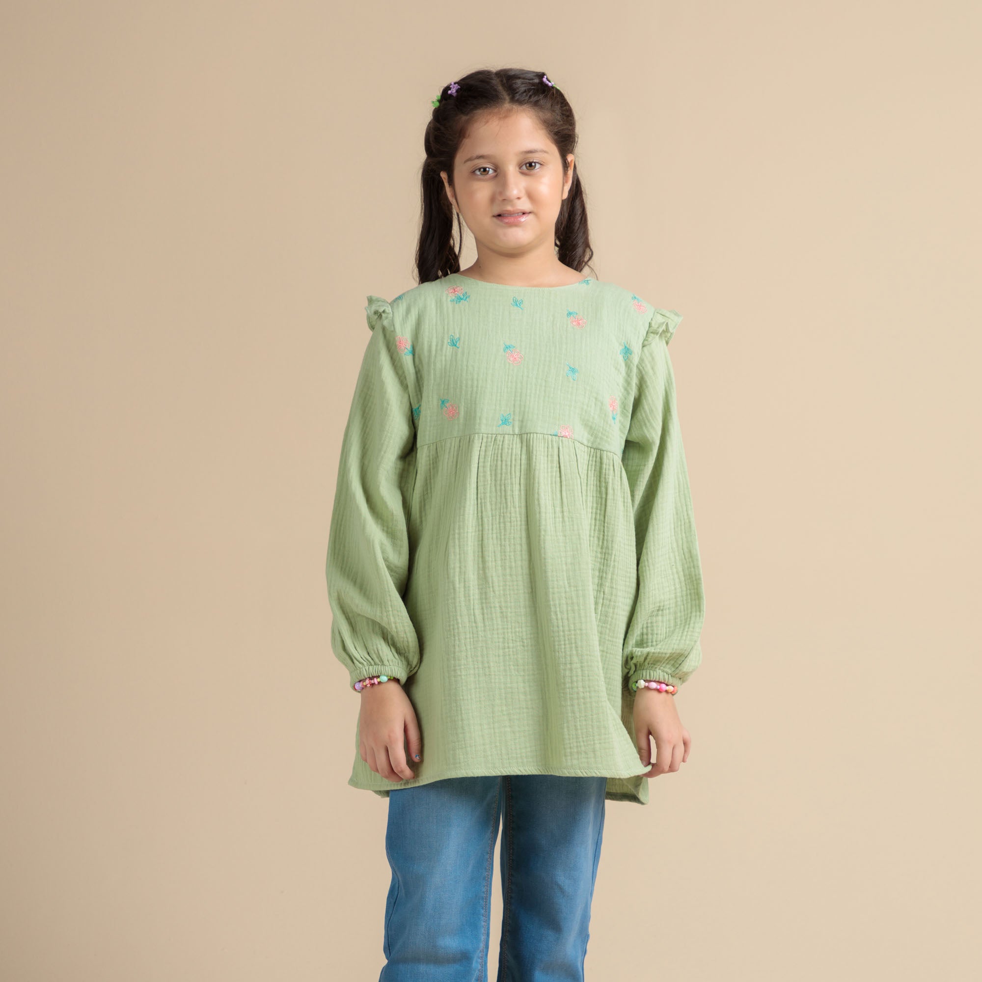 Embroidered Muslin Long-Sleeve Top