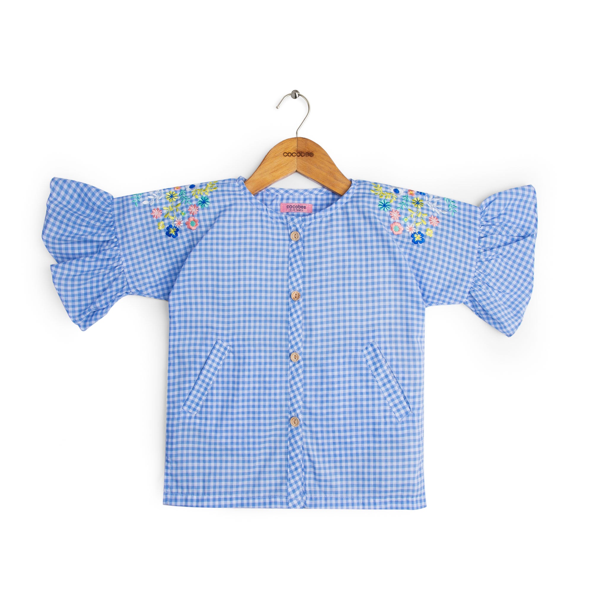 Blue Checkered Top with Embroidery