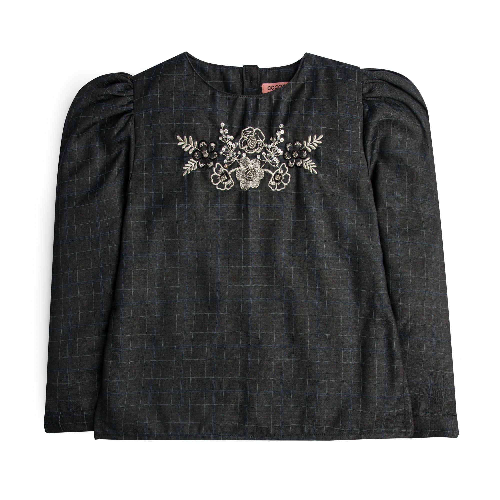 Checkered Charcoal Embroidered Top