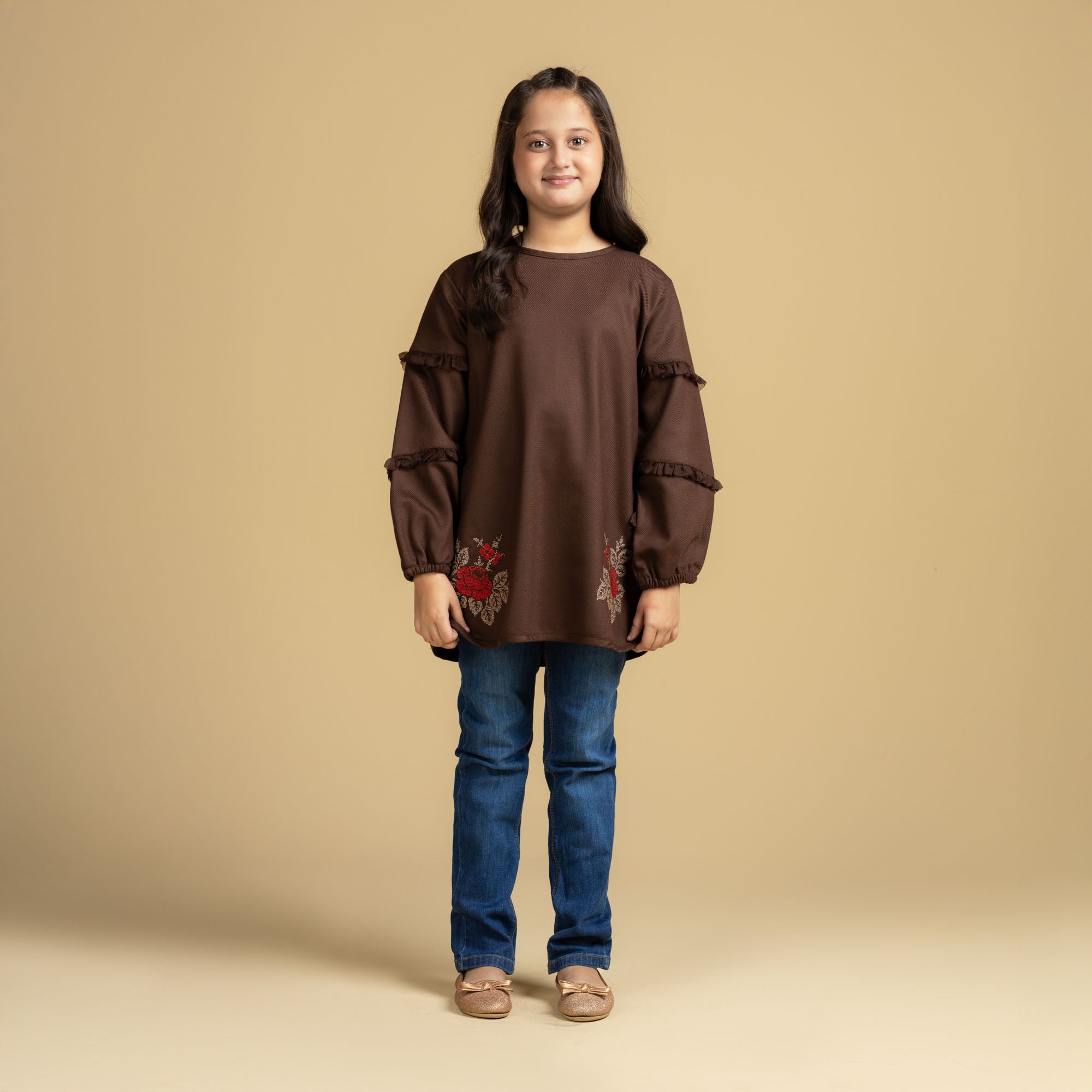 Brown Frill Embroidered Top