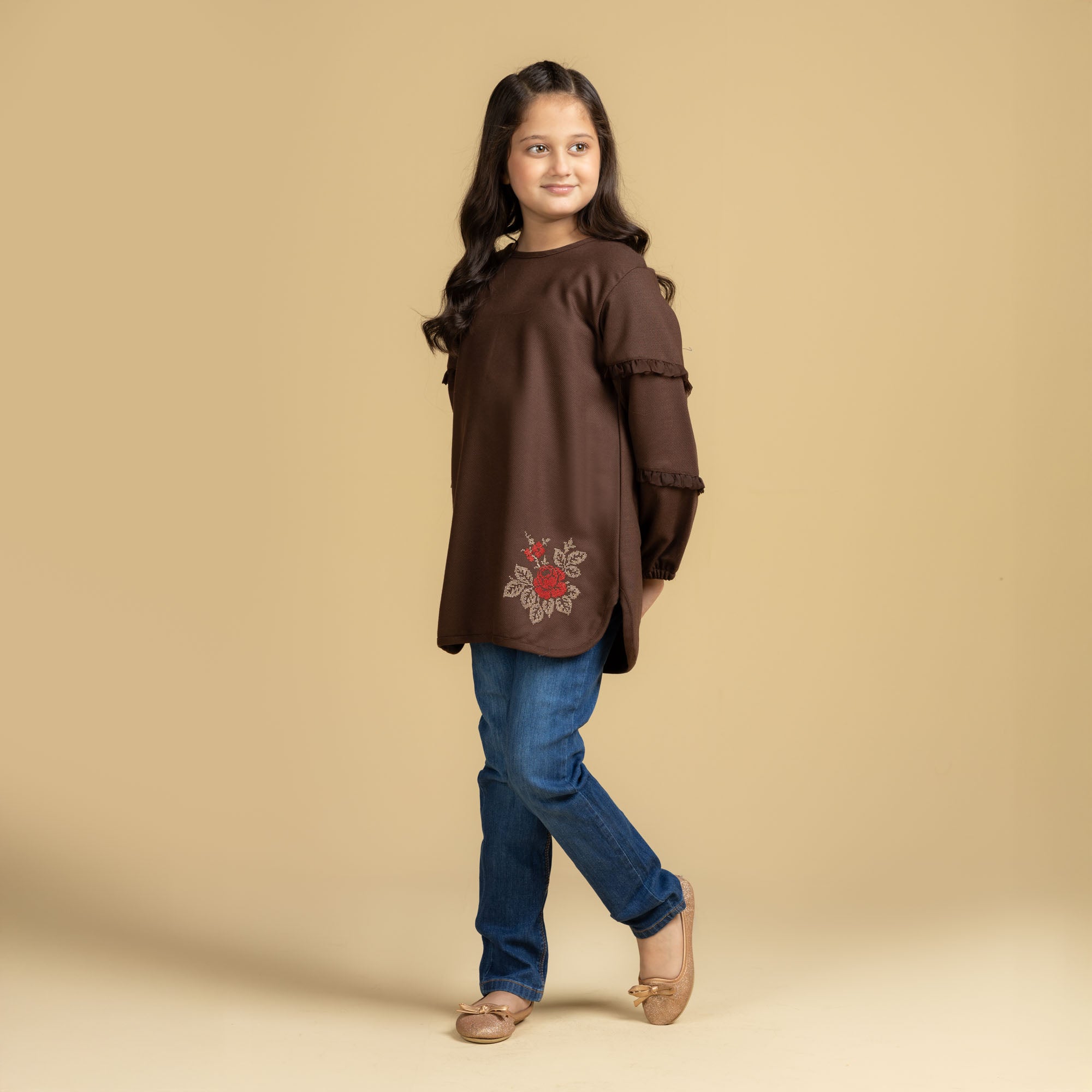 Brown Frill Embroidered Top