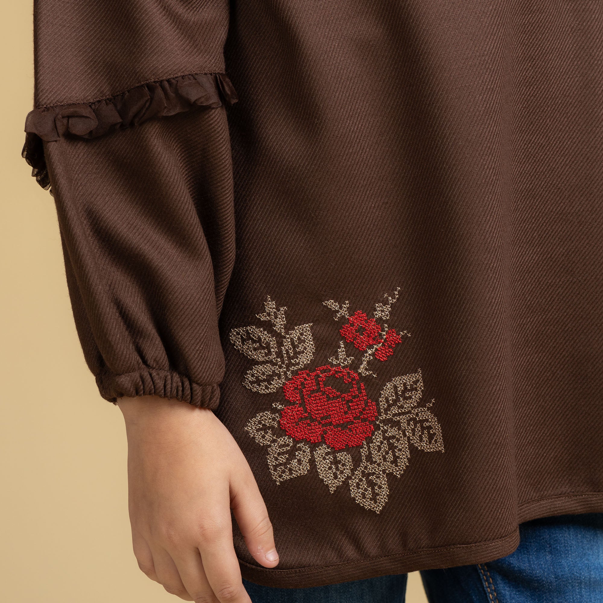 Brown Frill Embroidered Top