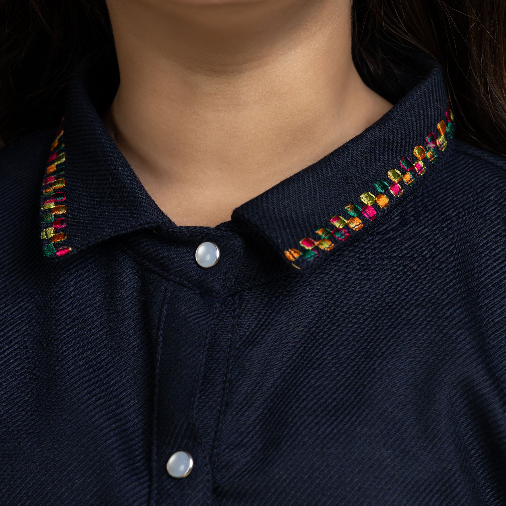 Collared Blue Embroidered Top