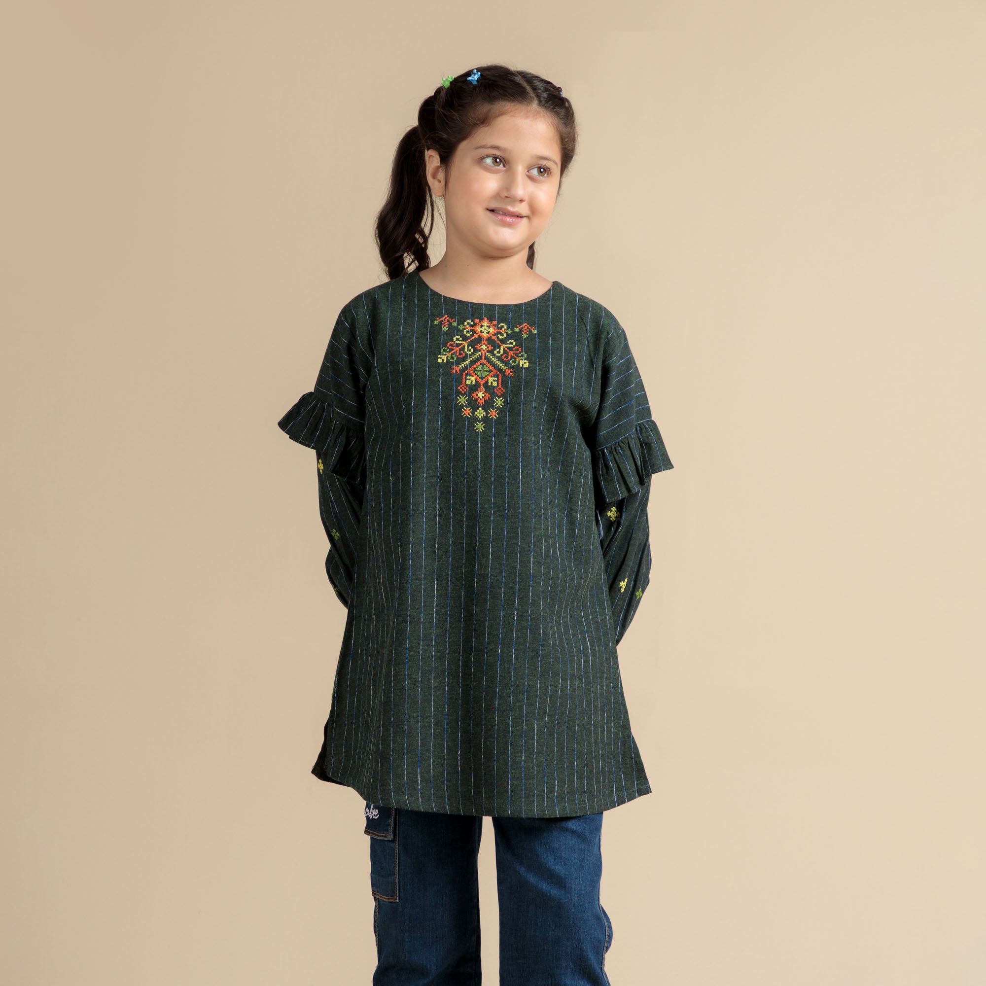 Green Stripe Embroidered Top