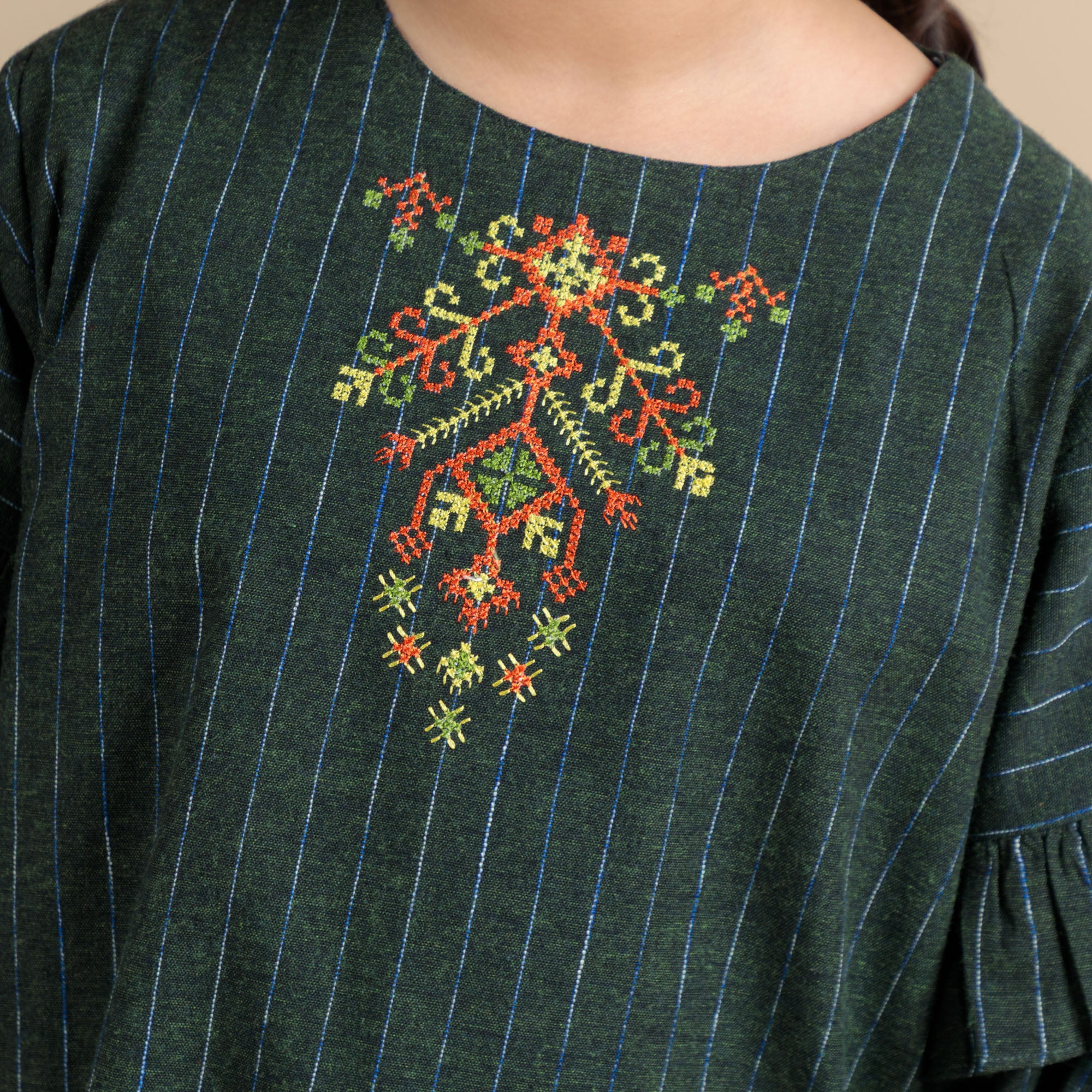 Green Stripe Embroidered Top