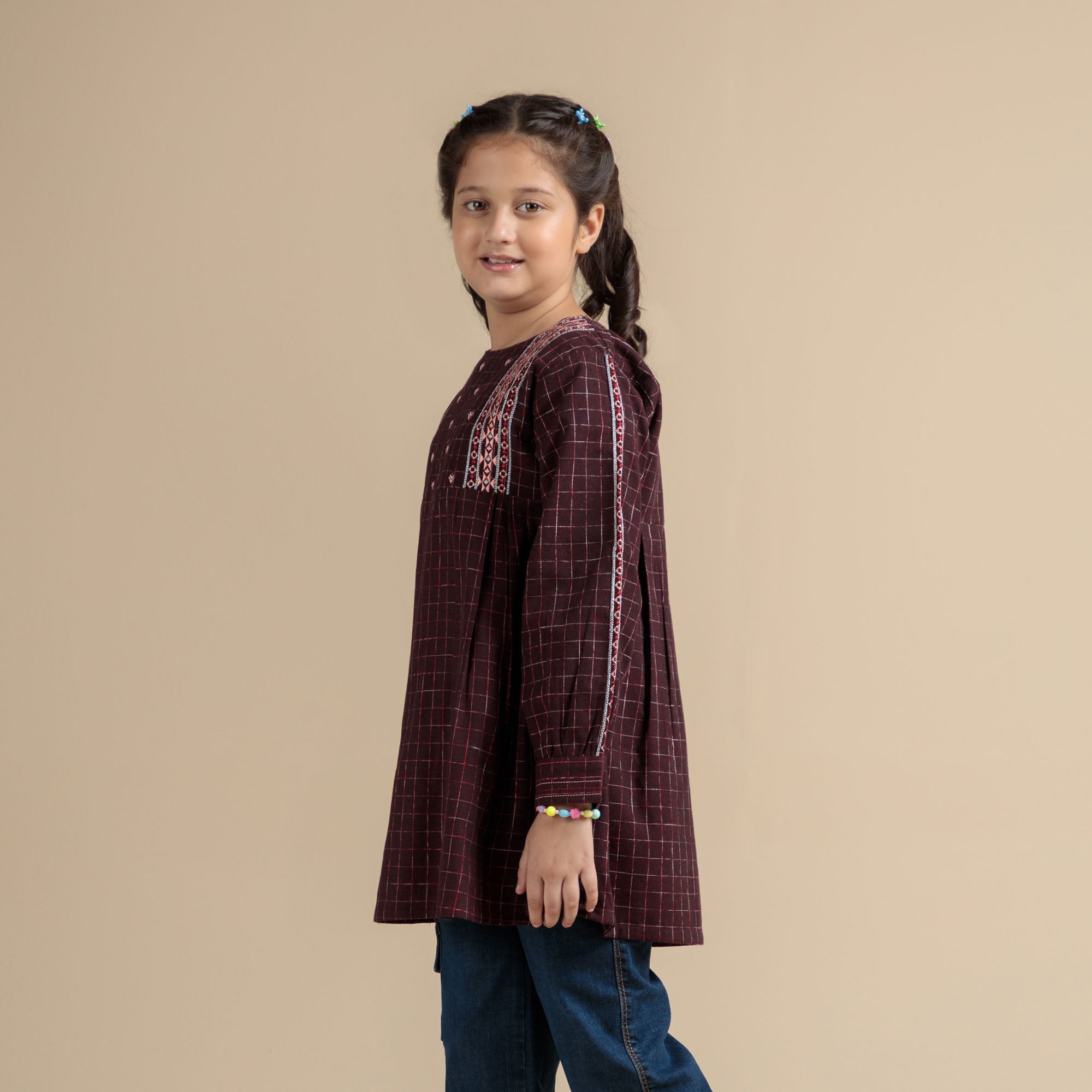 Maroon Grid Embroidered Top