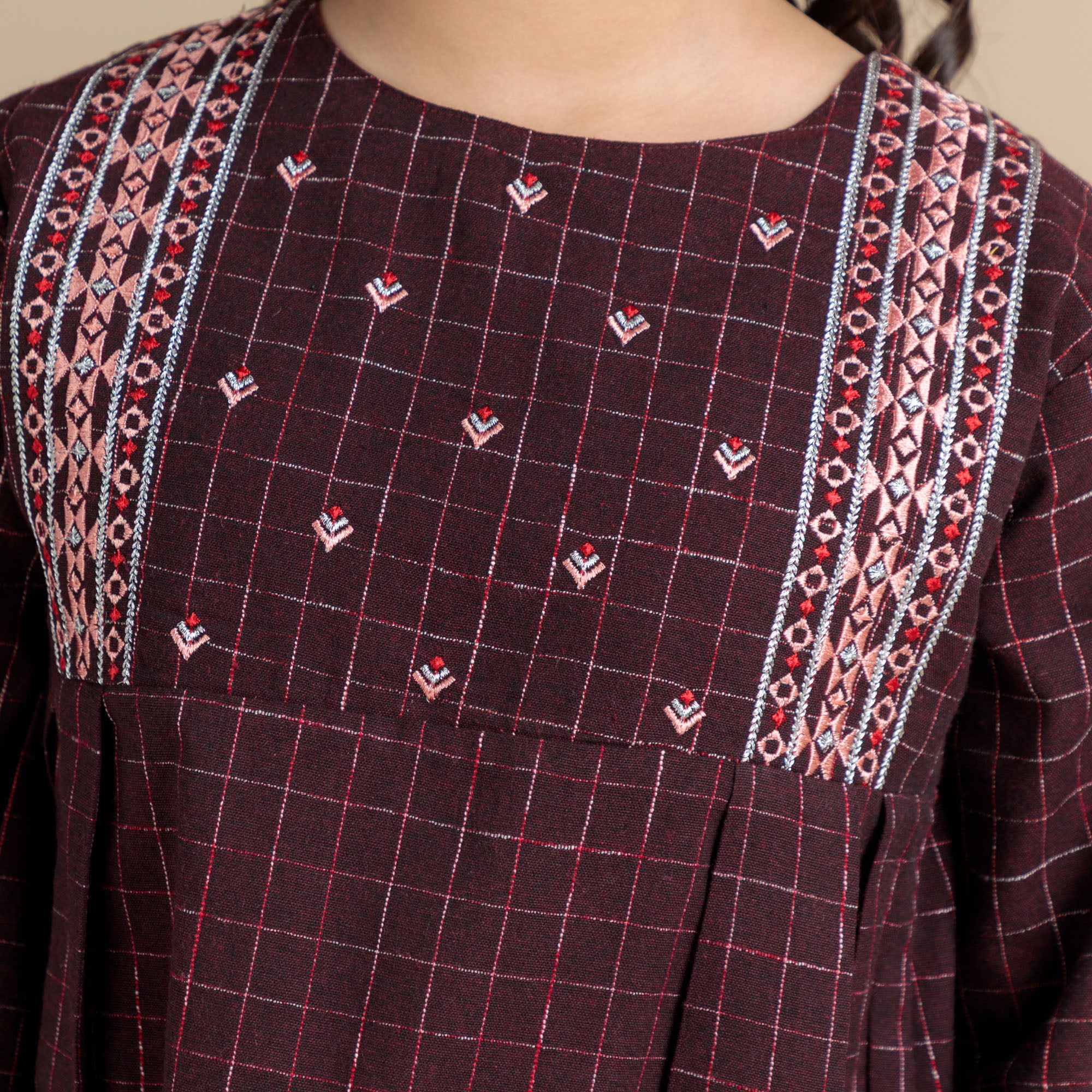 Maroon Grid Embroidered Top