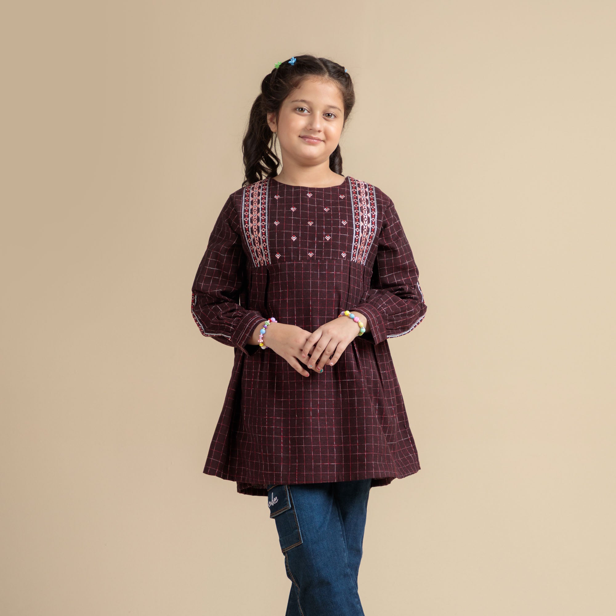 Maroon Grid Embroidered Top