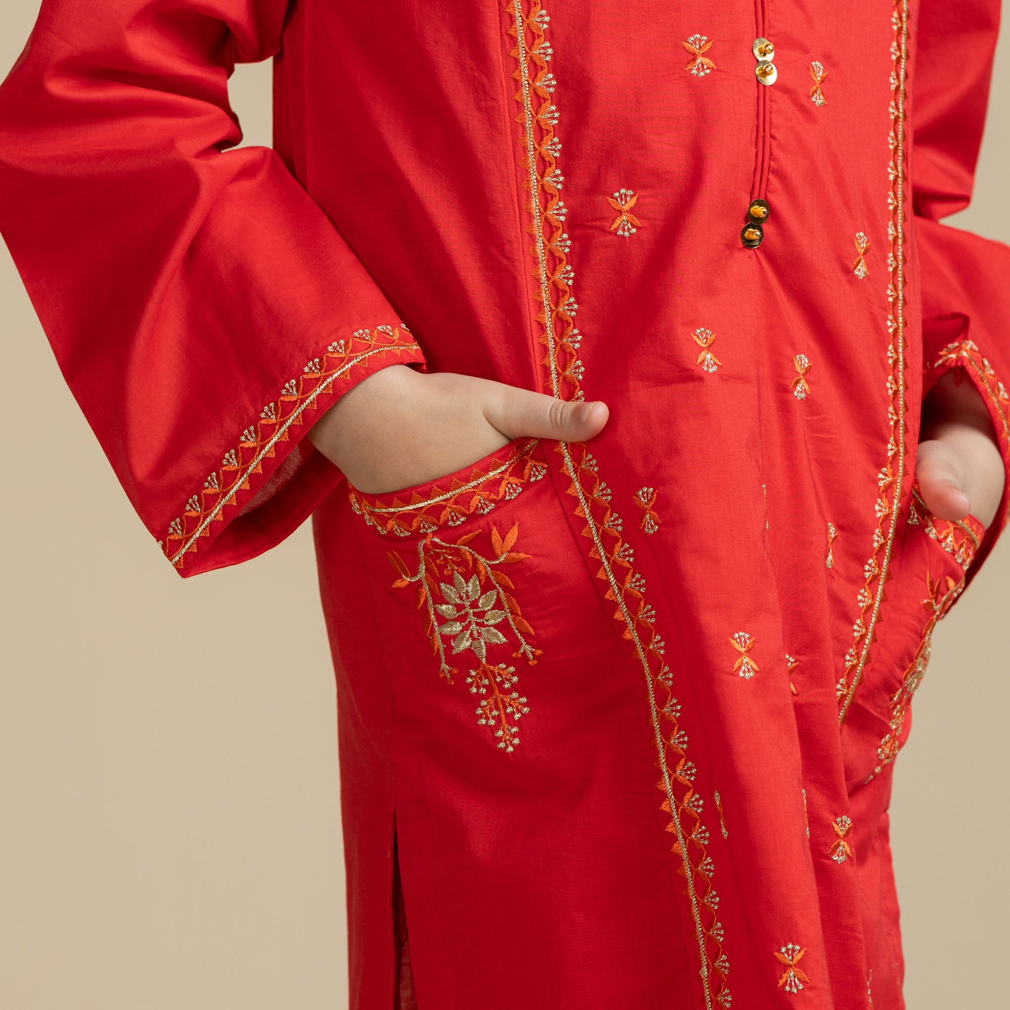 Gleamy Red Embroidered Two-Piece