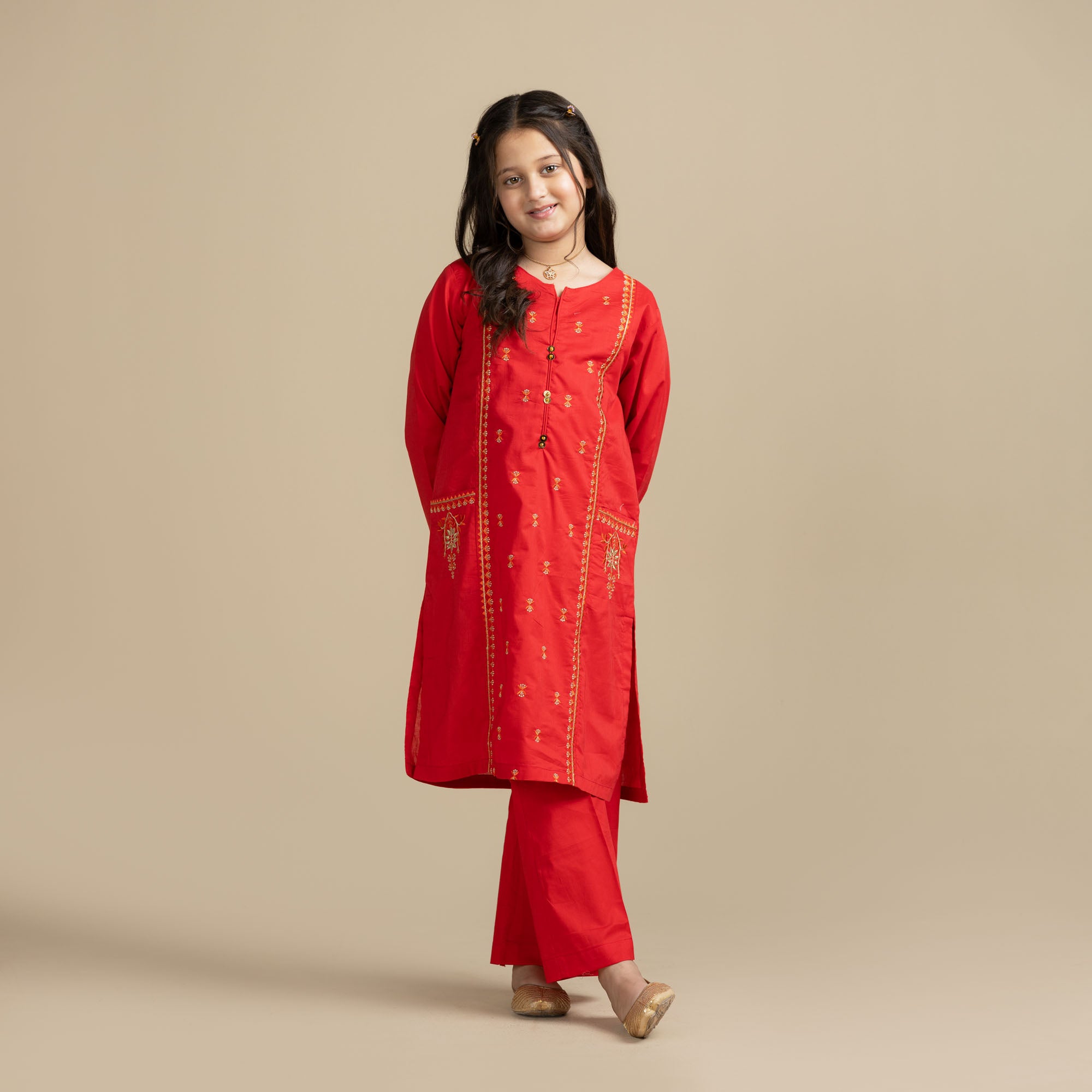 Gleamy Red Embroidered Two-Piece