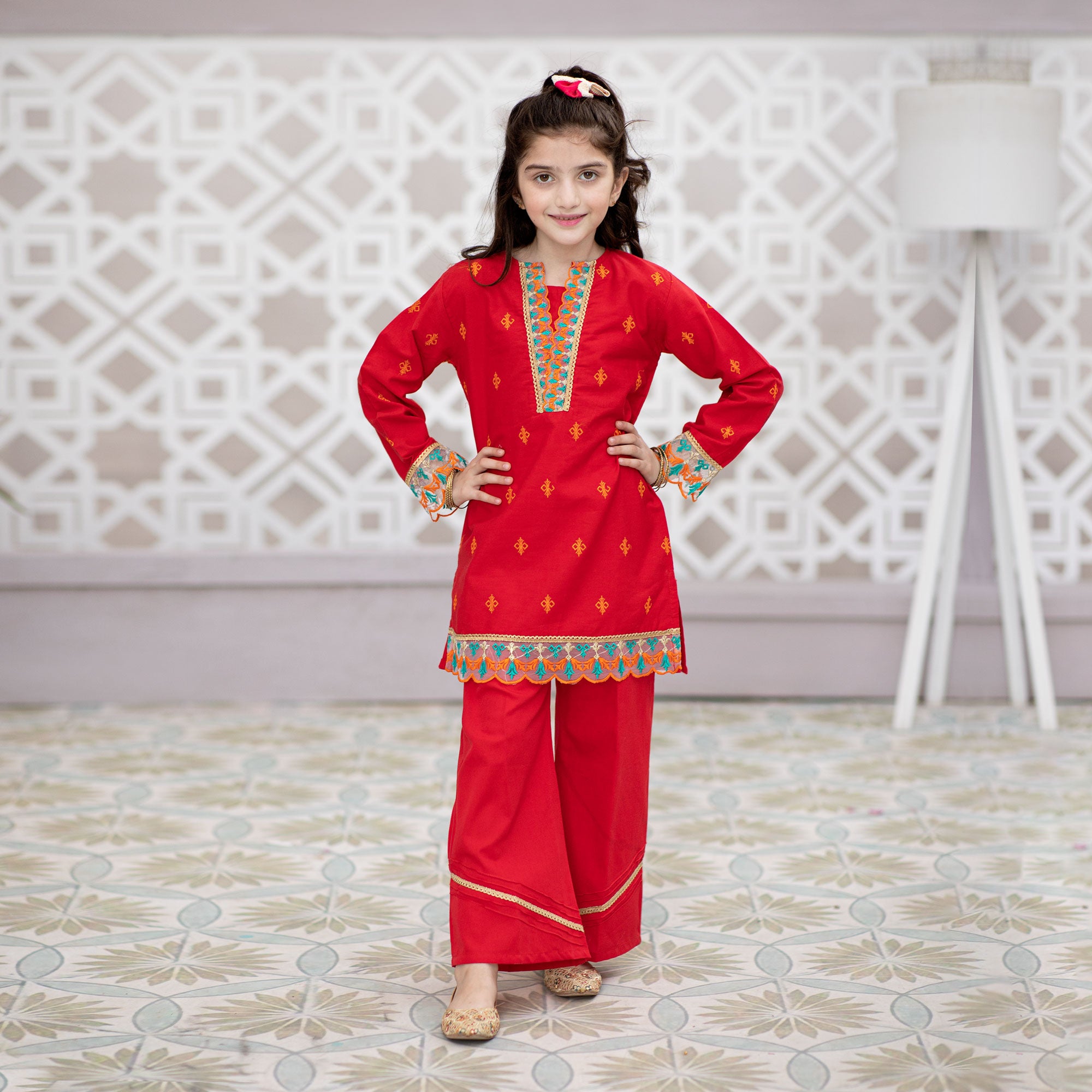 Red Embroidered two piece set