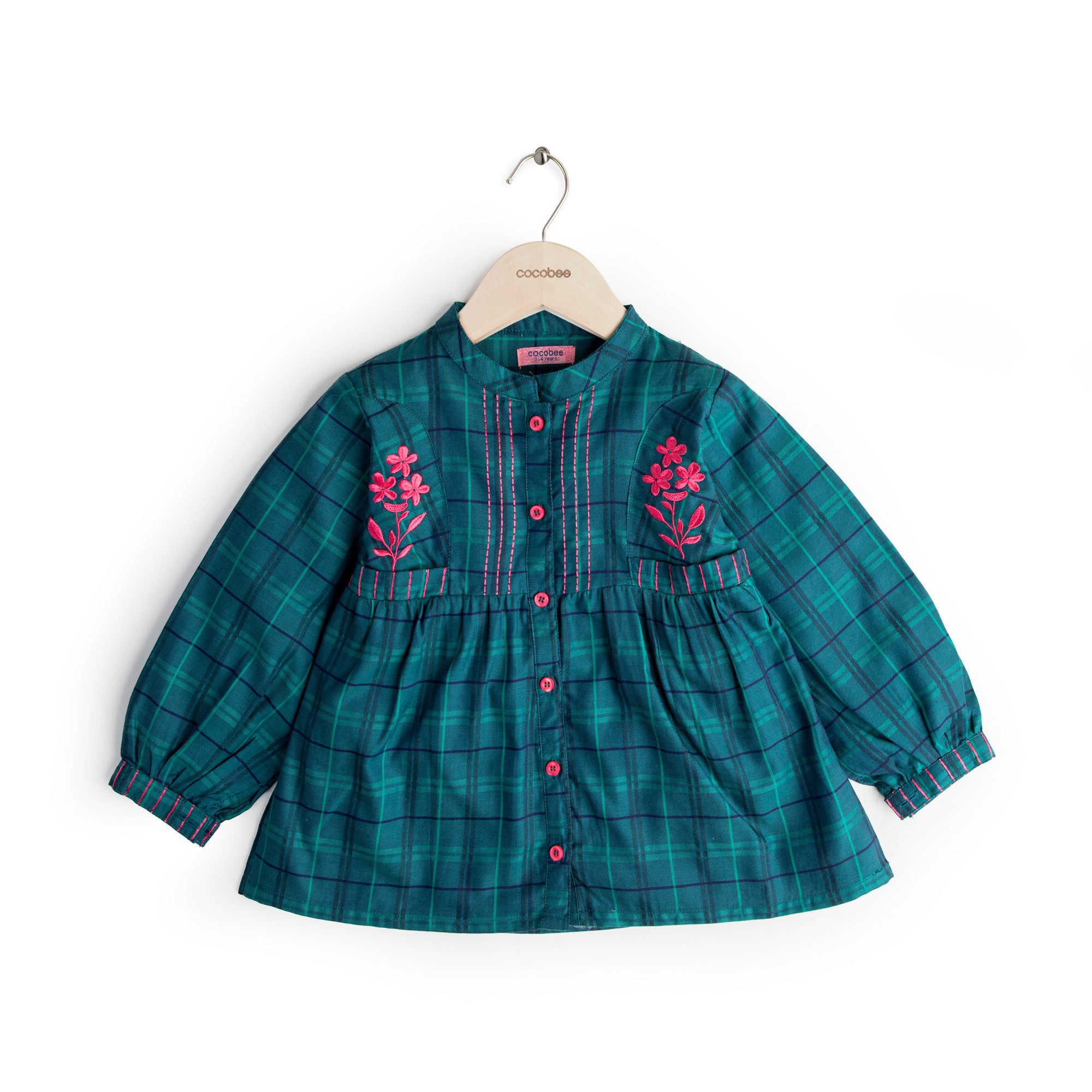 Checkered Teal Embroidered Top