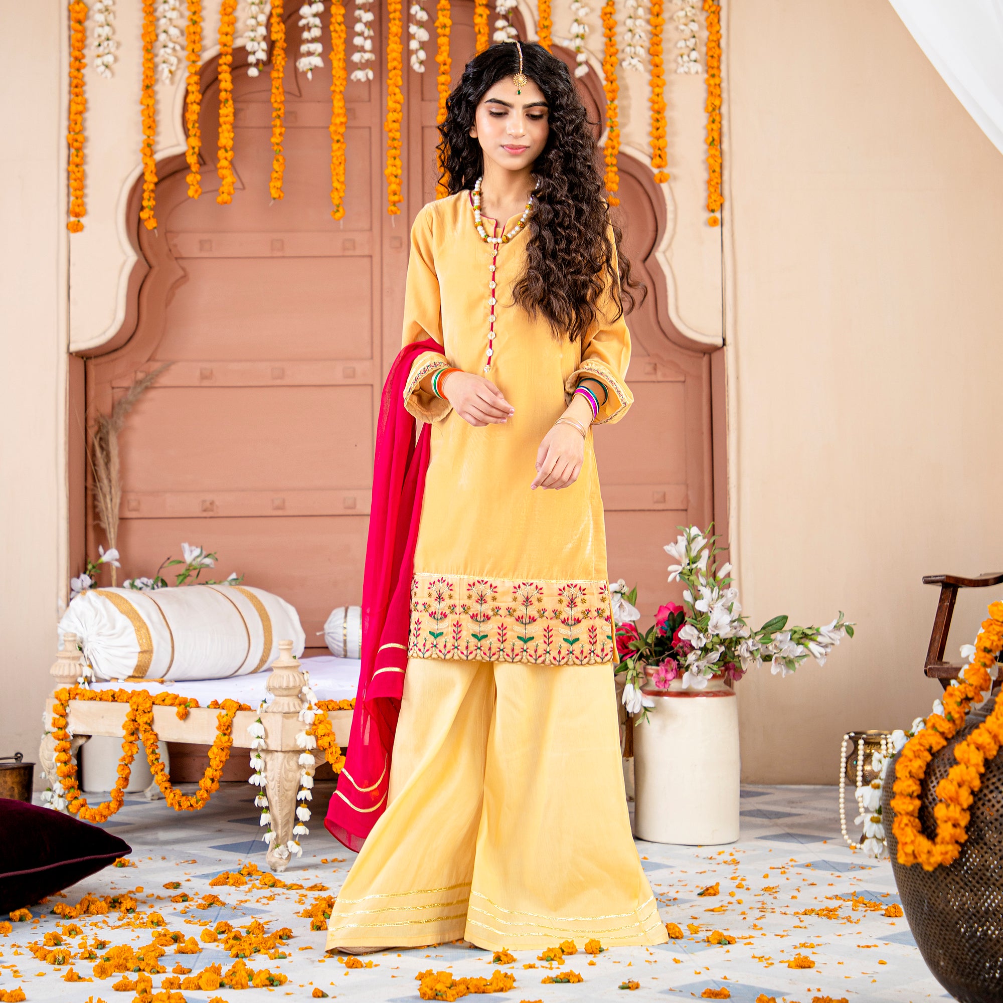 Yellow Charm Three Piece Embroidered suit