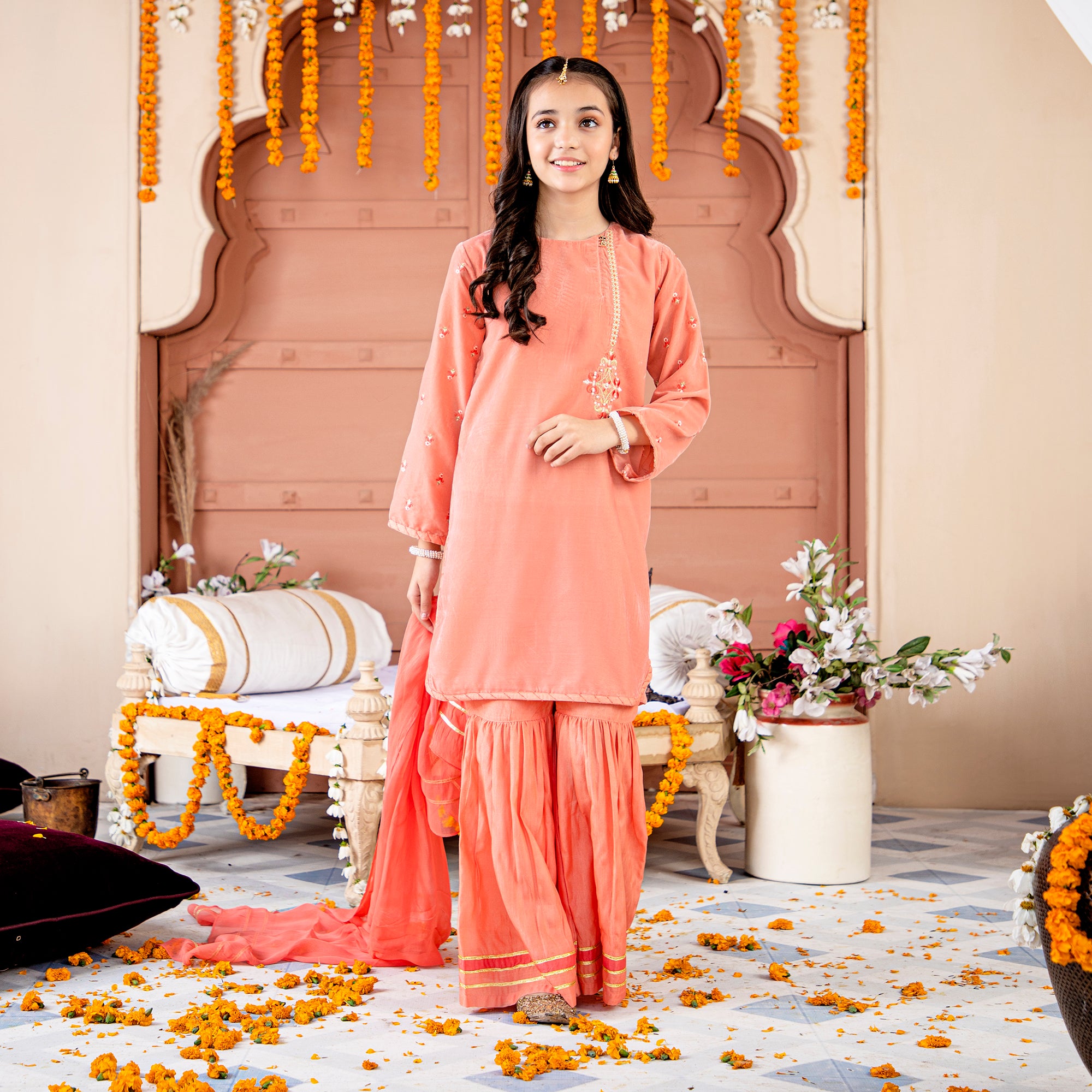 Peach Glimer Three Piece Embroidered suit